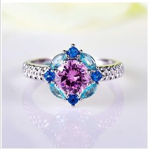 🛑new 925 Silver Pink Blue Flower Ring